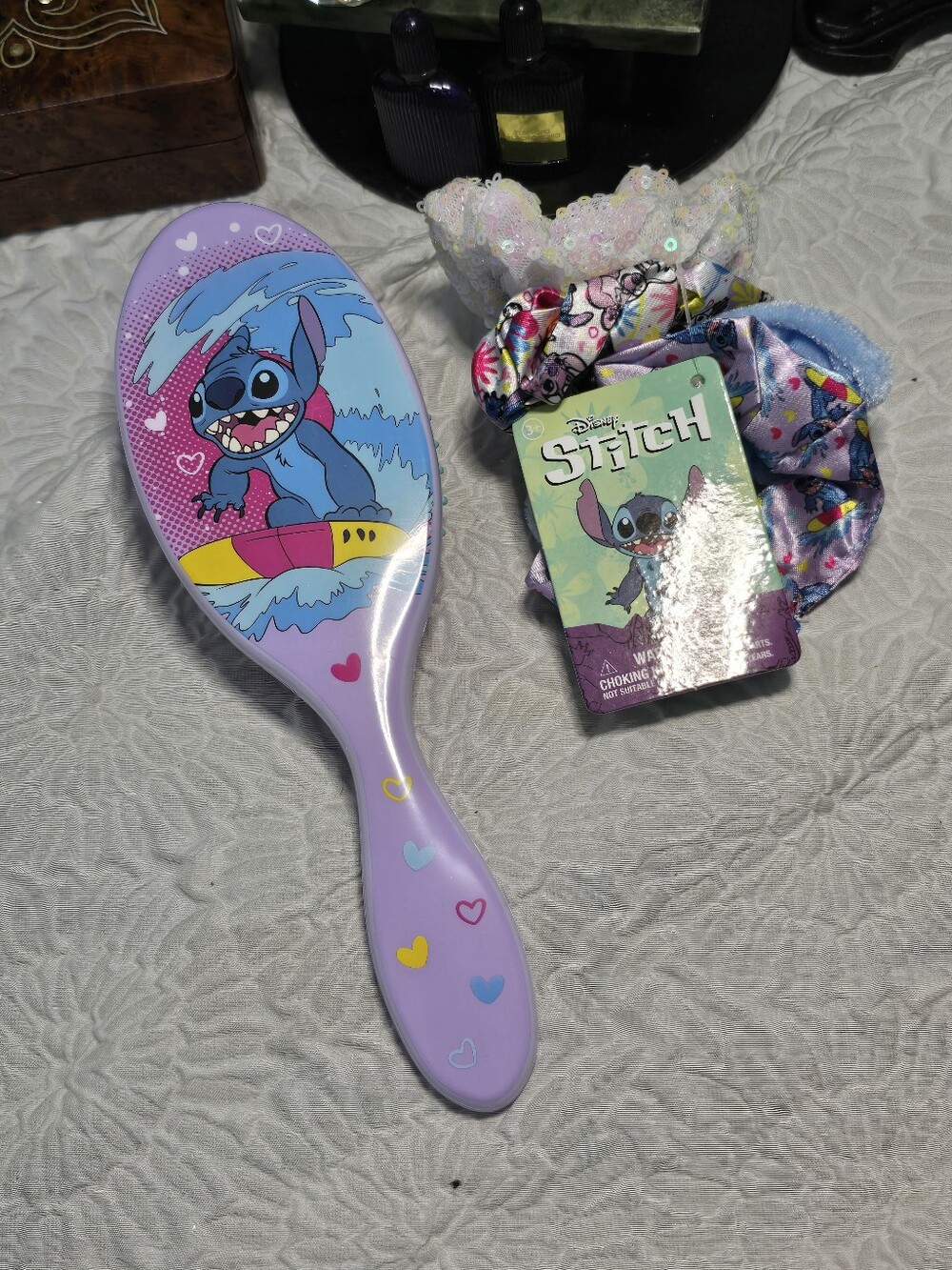 Disney Lavender Stitch Heart Kids Hair Brush with Colorful Scrunchie Set. New